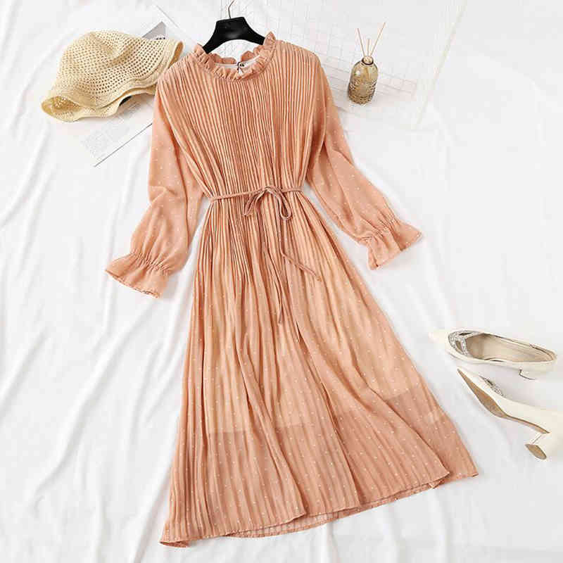Women Print Pleated Chiffon Dress Spring Summer Fashion Female Casual Flare Sleeve Lotus Leaf Neck Basic Dresses 210521