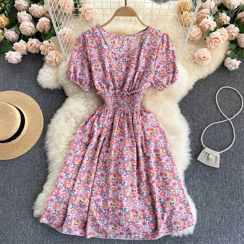 DEAT Women Printing Beach Vacation Dress Round Neck Puff Sleeve Arrivals Lady Fashion Temperament Spring Summer 11D564 210709