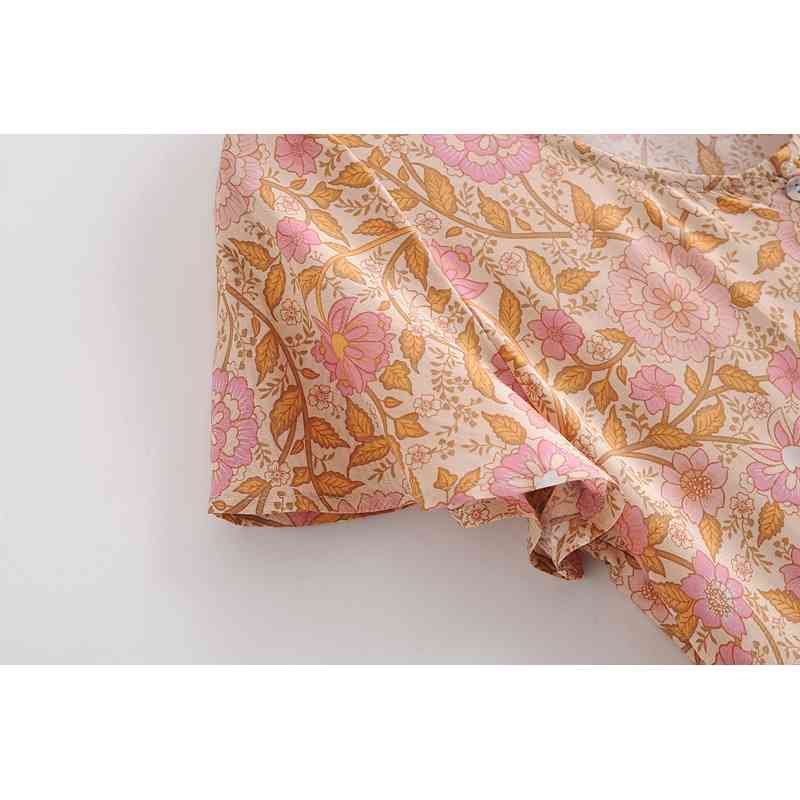 Spring Bohemia Open Buttons V neck Orange Flower Print Dress BOHO Woman Spliced Ruched Pleated Hem Holiday Dresses Beach 210429