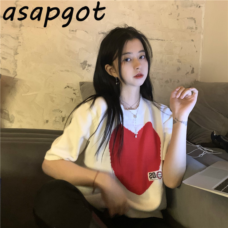 Sweaters&Jumpers Pullovers O Neck Short Sleeve Sweater Love Heart Kniited Top Chic Sweet Fashion Casual Japan Style Spring 210429