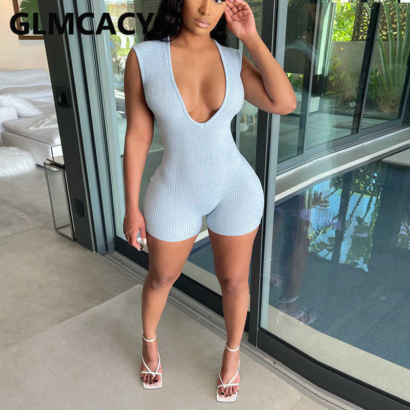 Women Short Sleeve V-neck Solid Bodycon Romper 210702