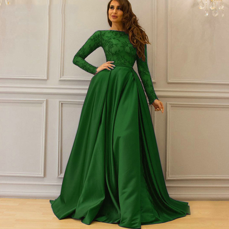 Burgundy Muslim Satin Evening Dresses With Long Sleeve Jewel Neck Appliques Lace Prom Dress Dubai Formal Occasion Gowns Saudi Arabic Plus Size Vestido