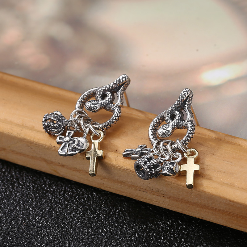 925 sterling silver snake stud earrings handmade cross crown skeleton charms American European punk Gothic designer vintage luxury fine jewelry ear ac