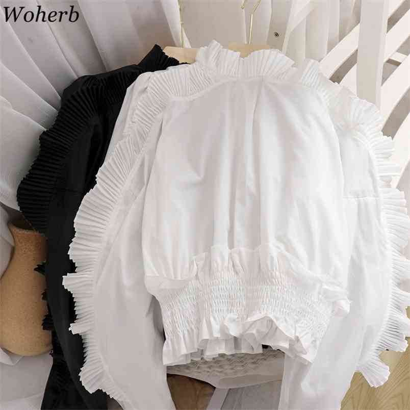 Elegant Ruffle Blouses Women Korean Chic Fashion Clothes Solid Shirts Office Lady Stand Collar Crop Blusas Camisas Mujer 210519