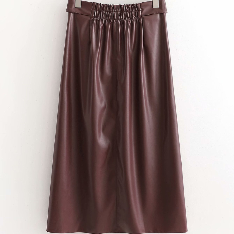 Vinatge Woman Burgundy Leather Thick Stretchy Skirts Autumn Winter Fashion Ladies Pu Straight Skirt Female Button 210515