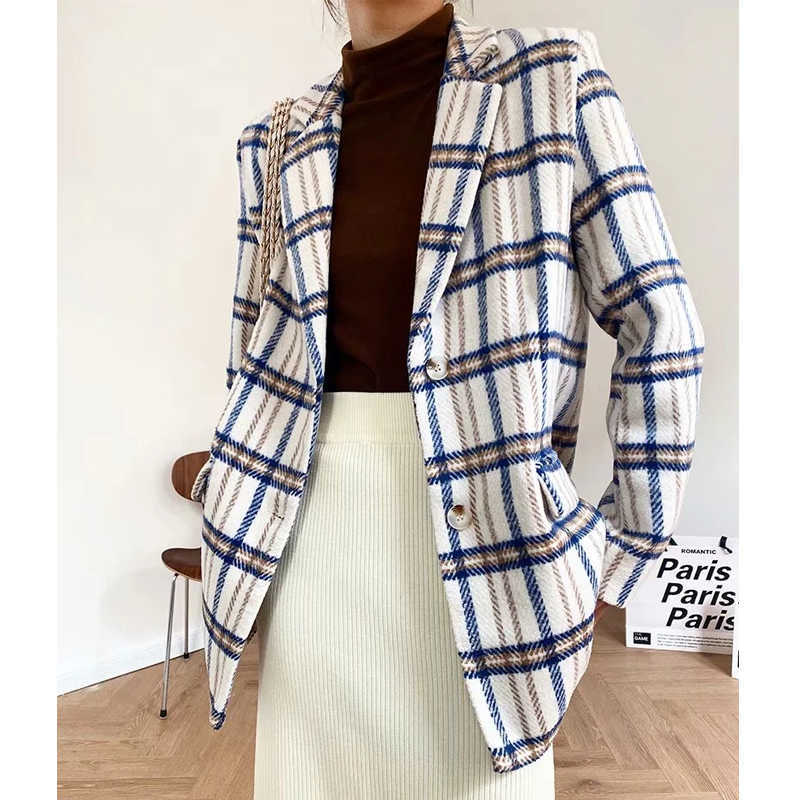 XITIMEAO Women Casual Woolen Coat Blazer Office Lady Plaid Slim Suit Coat Single Breasted Thickening Ladies Blazers 210930