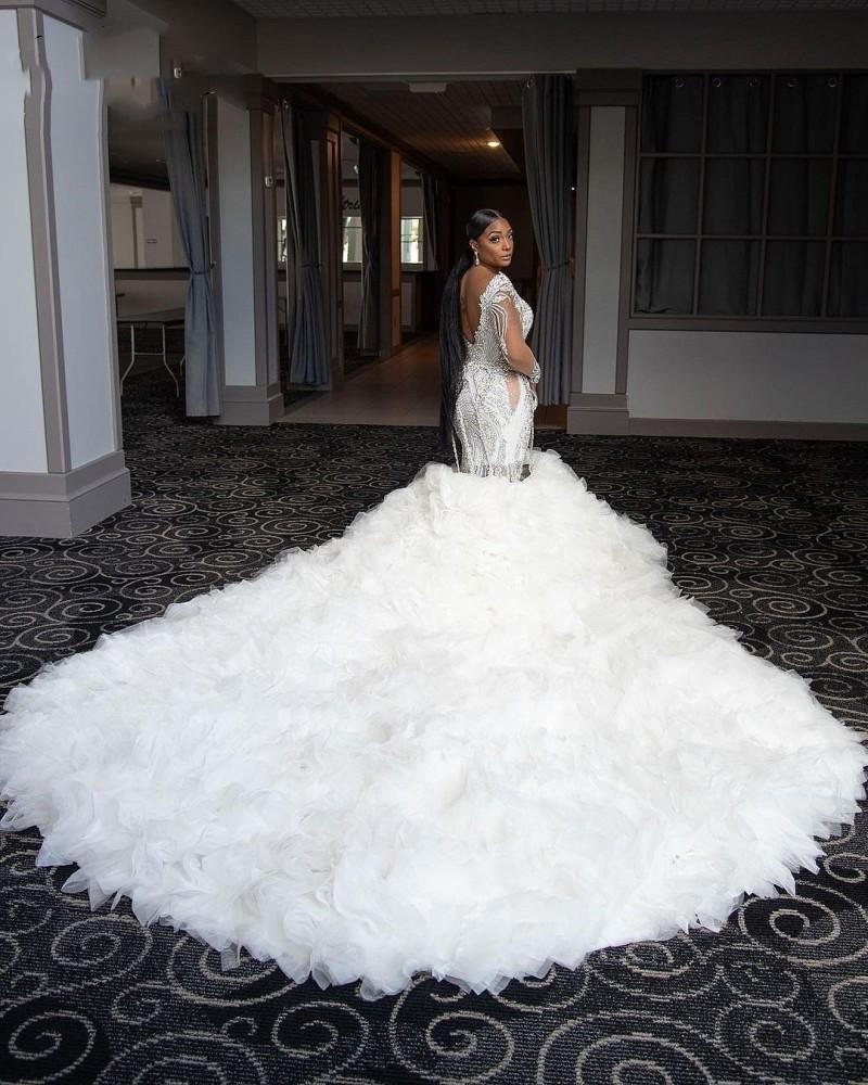 Beautiful Dress Crystals Lace Beaded Long Sleeve Deep V-neck Mermaid Sweep Train Wedding Gown