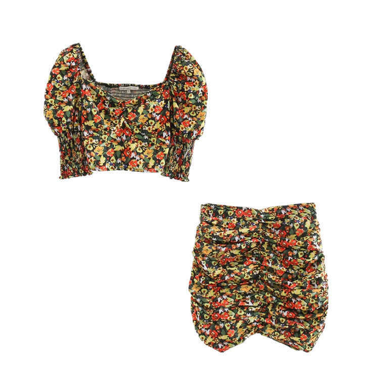 DEAT Summer Holiday Style Printing Short Puff Sleeve Square Collar Top Mini Skirt Two Piece Set Women Outfits MJ176 210709