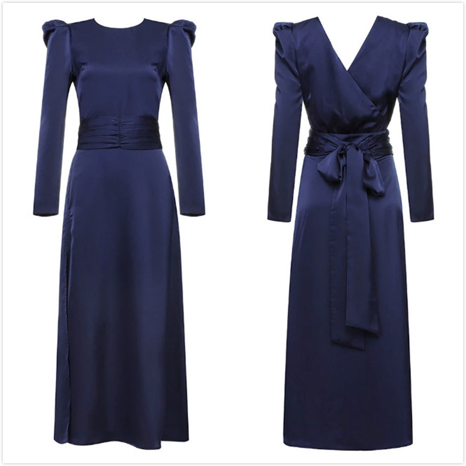 Free Autumn Elegant Satin Long Dress Women's Blue O-Neck Sleeve Split Club Evening Party Vestidos 210524