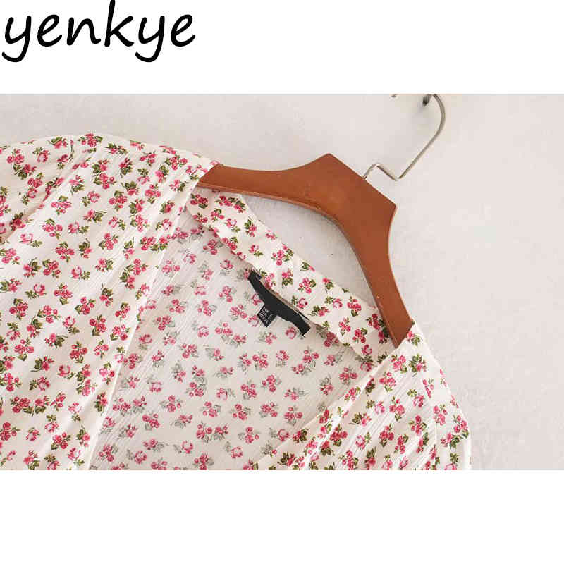 Vintage Women Sweet Floral Print Wrap Dresses Short Sleeve Cross V Neck A-line Sundress robe femme Casual Holiday Summer Dress 210515