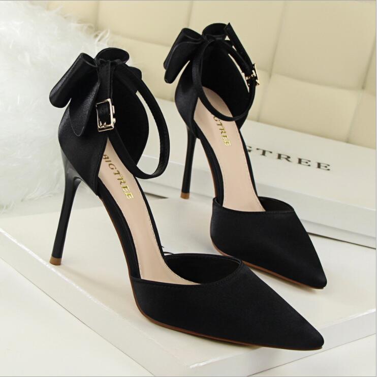 Plus size 34-43 Women Pointed Toe Pumps Dress Shoes High Heels Boat Shoes Wedding Shoes tenis feminino Side with Bow