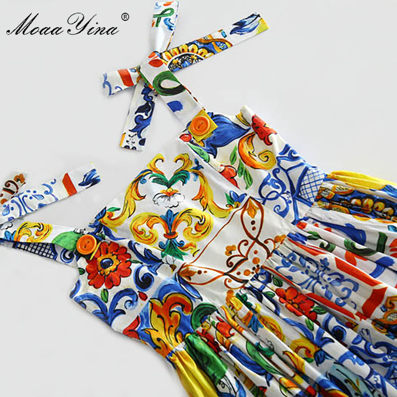 Fashion Runway Custom Summer Cotton Dress Women's High Quality Painted Pottery Printed Bow Spaghetti Strap Party 210524