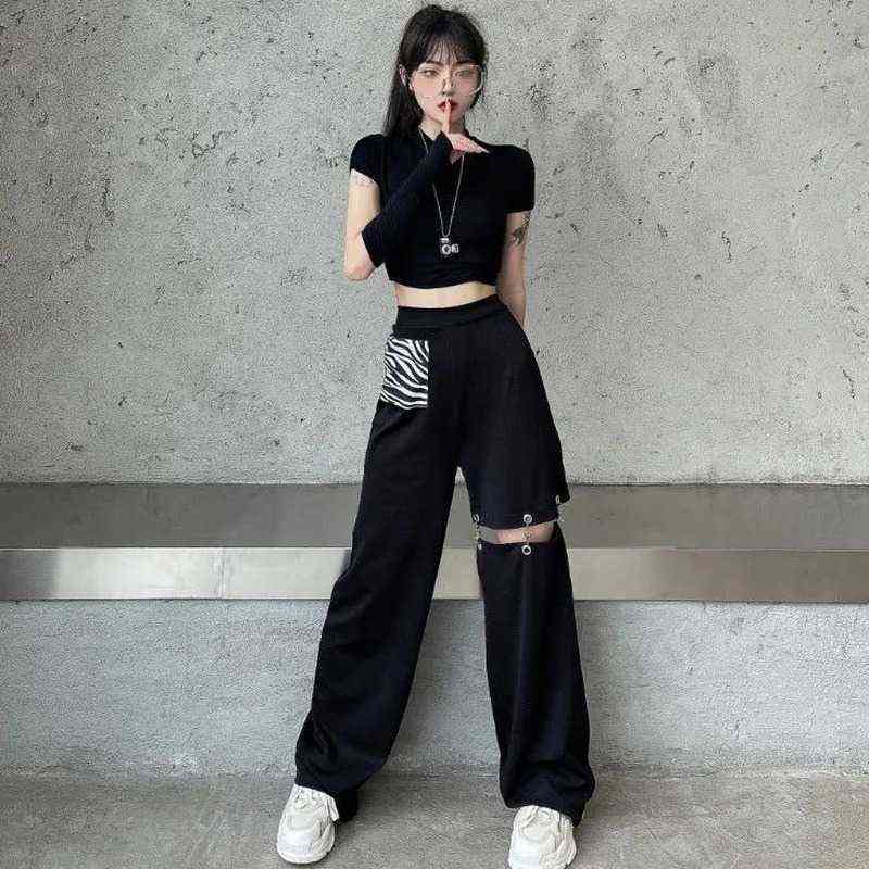 HOUZHOU Black Wide Leg Cargo Pants Women Hollow Out Streetwear Techwear Trousers Elastic Waist Patchwork Korean Fashion Summer 211115