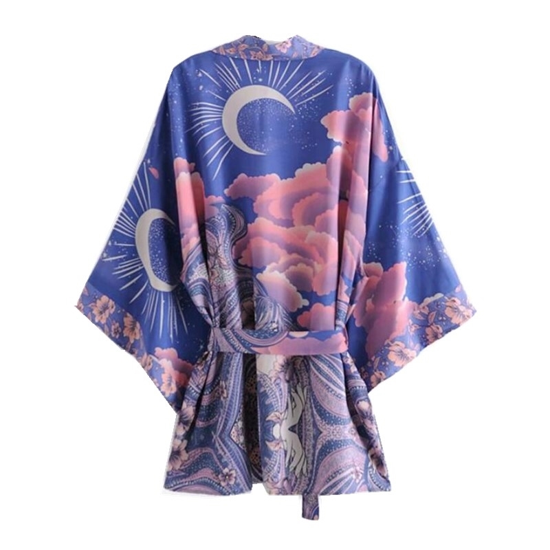 Bohemian Women Blue Space Moon Flower Print Kimono Shirt Holiday Beach Tide Bow Sashes Mid Long Cardigan Blouse BOHO Tops 210317