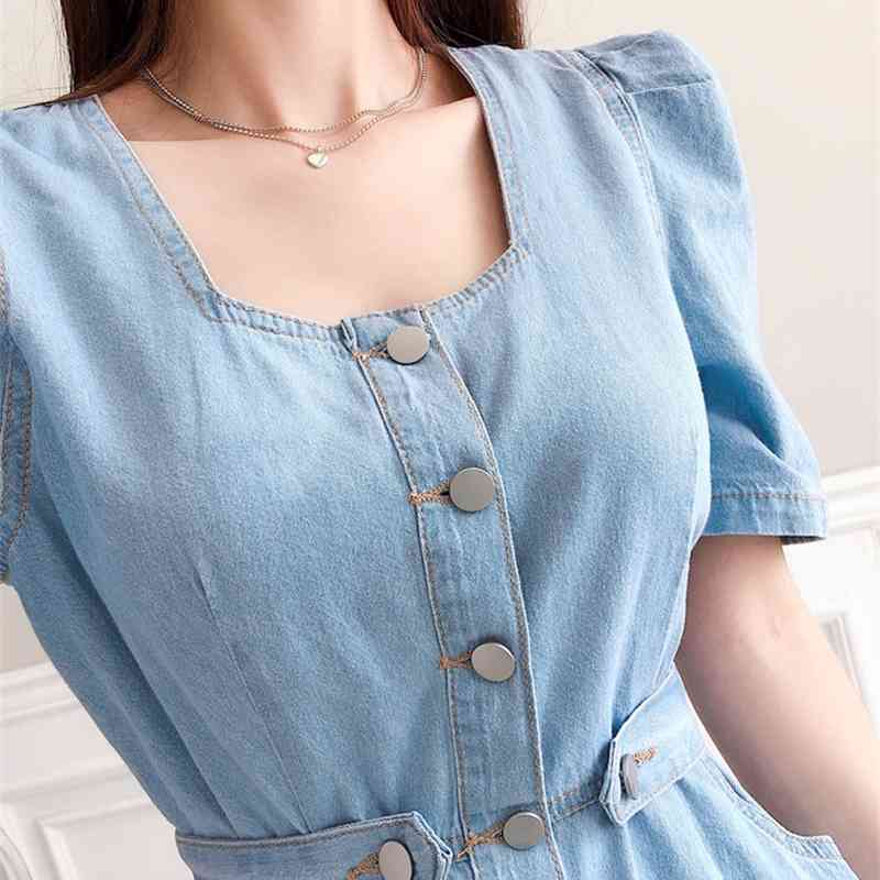 Women's Vintage Mermaid Solid Denim Dress Robe Female Short Sleeves Slim Elegant Single-Breasted Chic Summer Vestidos 210520