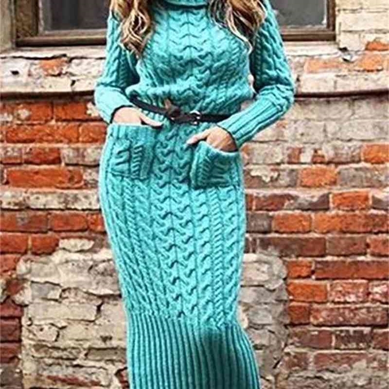 Winter Plus Size Dresses for Women Turtleneck Long Sleeve Pullover Knitted Dress Femme Striped Pattern Pocket Slim Vestido Longo 210604