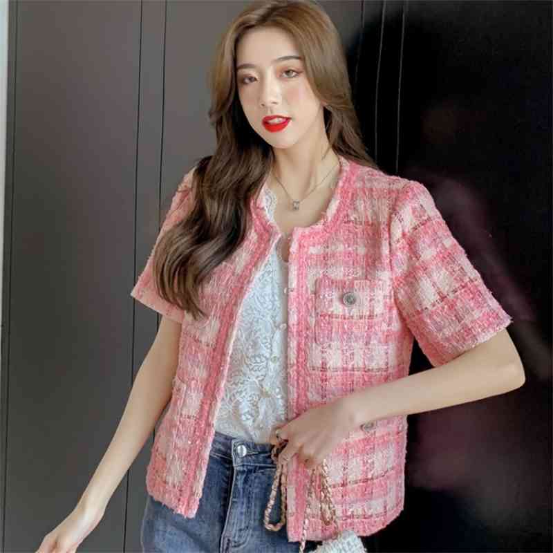 Temperament Ladies Korea Style Pink Plaid Tweed Women Short Sleeve Jacket Spring Elegant Female Fashion Casual OL Cardigan 210519