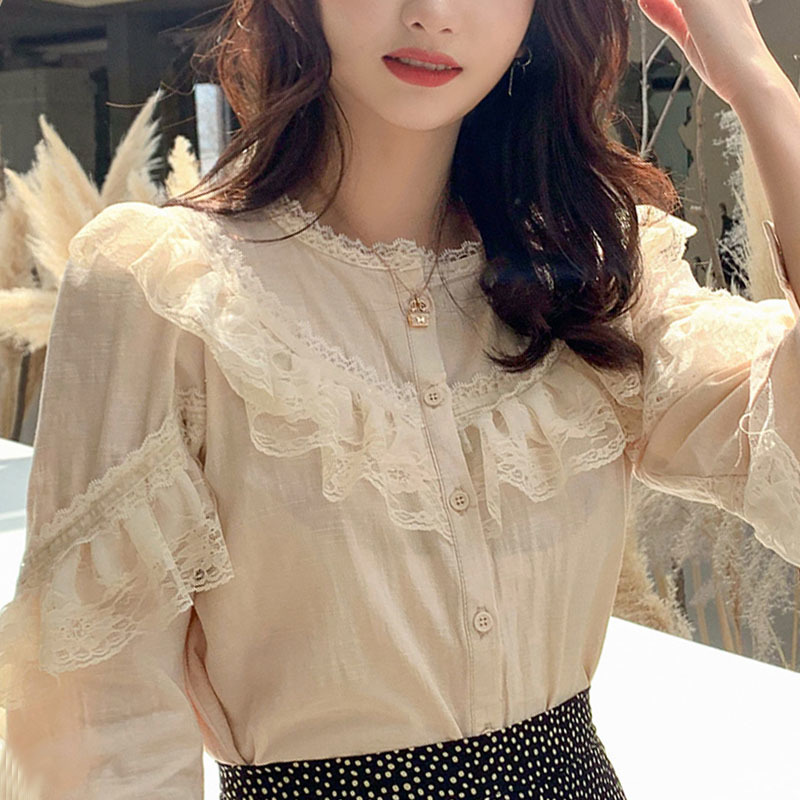 Womens tops and blouses ladies chiffon blouse button Solid Stand lace for women shirts blusas femininas 8049 50 210427