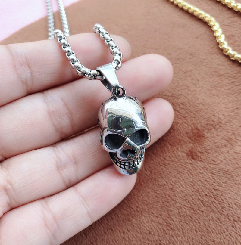 Fashion Punk Goth Stainless Steel Necklace Skull Head Pendant For Men Accessories Gothic Jewelry With 3MM Chain