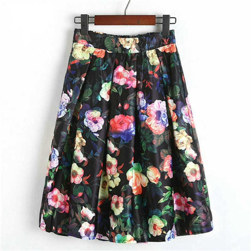 Neophil Fashion Tropical Floral Print High Waist Fluffy Pleated Saias Flare Satin Tutu Midi Skater Skirts Womens S07047 210619