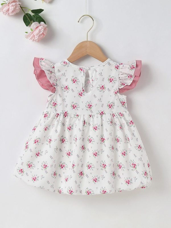 Baby Floral Print Keyhole Back Knot Front Dress SHE R250424