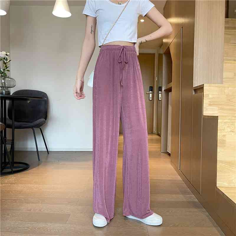 Fashion High Waist Drape Mopping Summer Pants Ladies Elastic Loose Ice Silk Thin Straight-Leg 210520