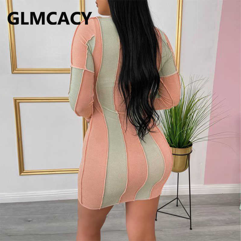Women Long Sleeve Colorblock Patchwork Dress Sexy Slim Bodycon Mini Dresses 210702