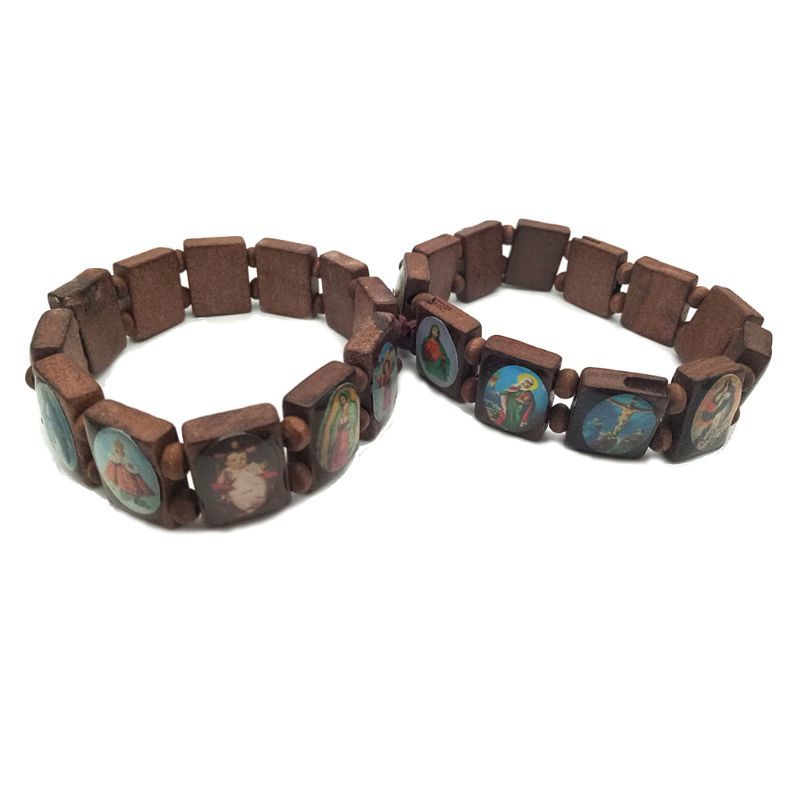 4 Pc Catholic Jewelry Christian Levert Wood Icon Elastic Bead Bracelet Poison 40JA