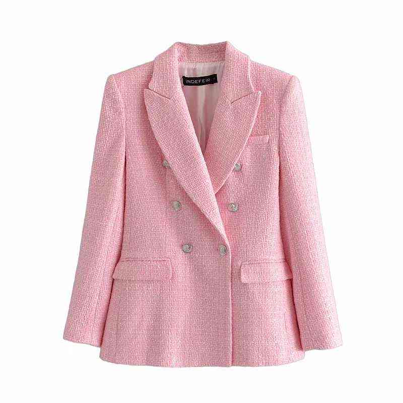 Double Breasted Tweed Check Blazer Set - Vintage Long Sleeve Women's Coat And High Waist Short Skirt