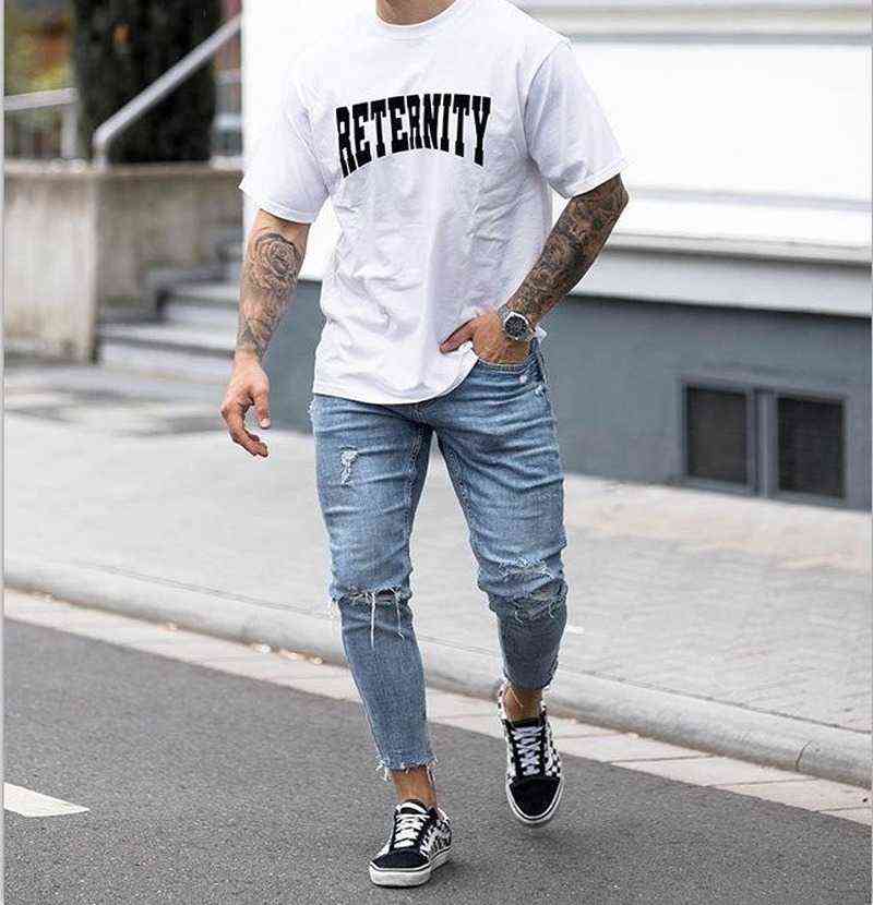 Casual Skinny Jeans Ankle Length Ripped Denim Pant Zipper Fly Men Clothing Cut Bottom Pencil Pant Light Blue Cowboys Streetwear 211120