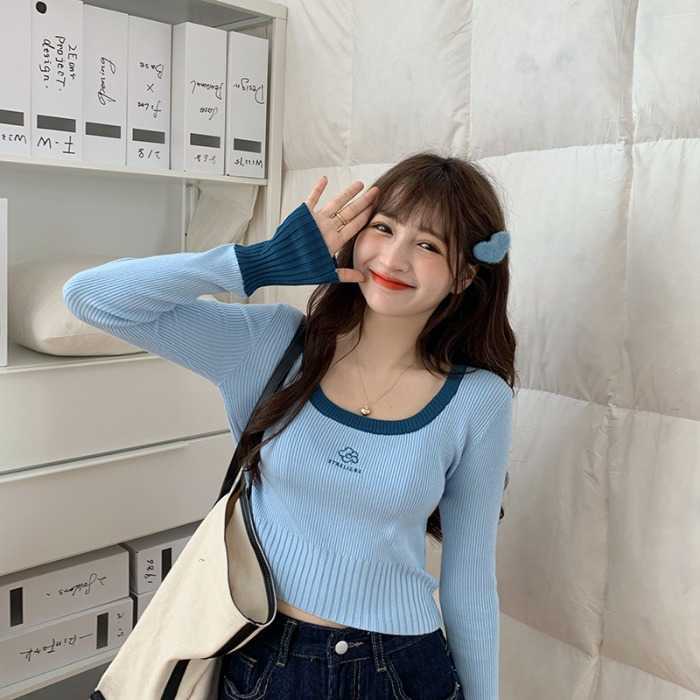 Korobov Korean Long Sleeve O Neck Women Sweaters Vintage Flower Embroidery Sueter Mujer Harajuku Hit Color Chic Jumper Femme 210830