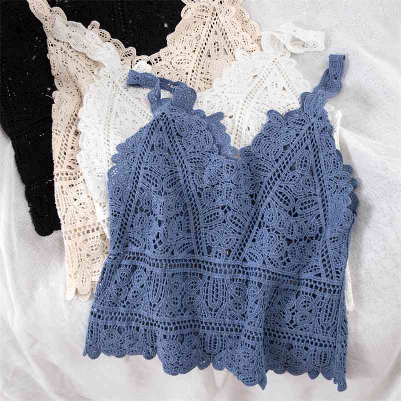 Summer Sweet Short Style Lace Vest crop top Women Hollow Out Fashion Camis Vacation Beach Knitted LooseTop Womens Sexy Tank Tops 210625