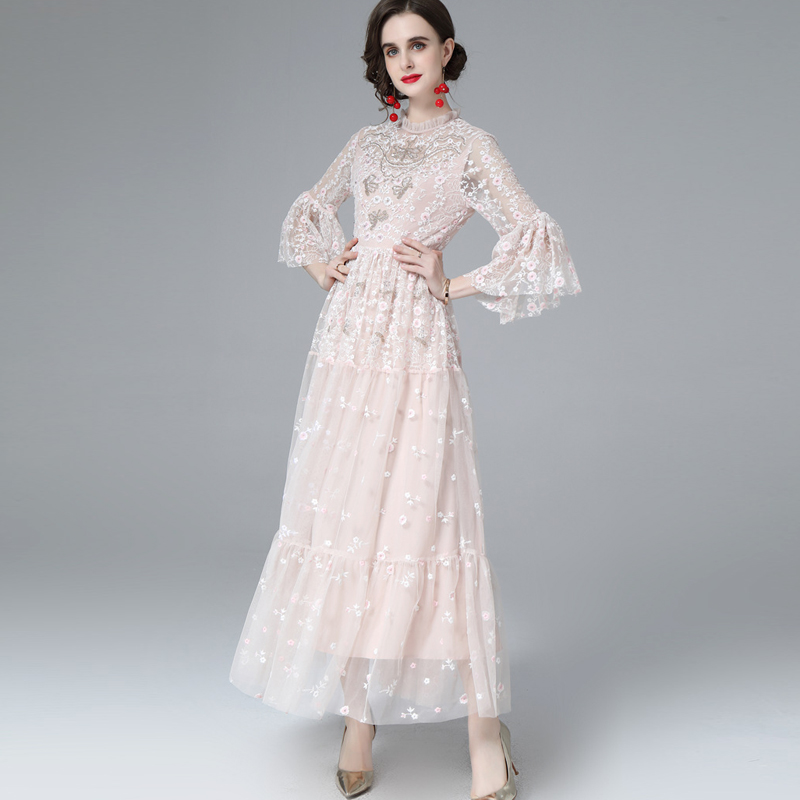 Women's Runway Dress O Neck Flare Sleeves Embroidery Elegant Fashion Party Prom Gown