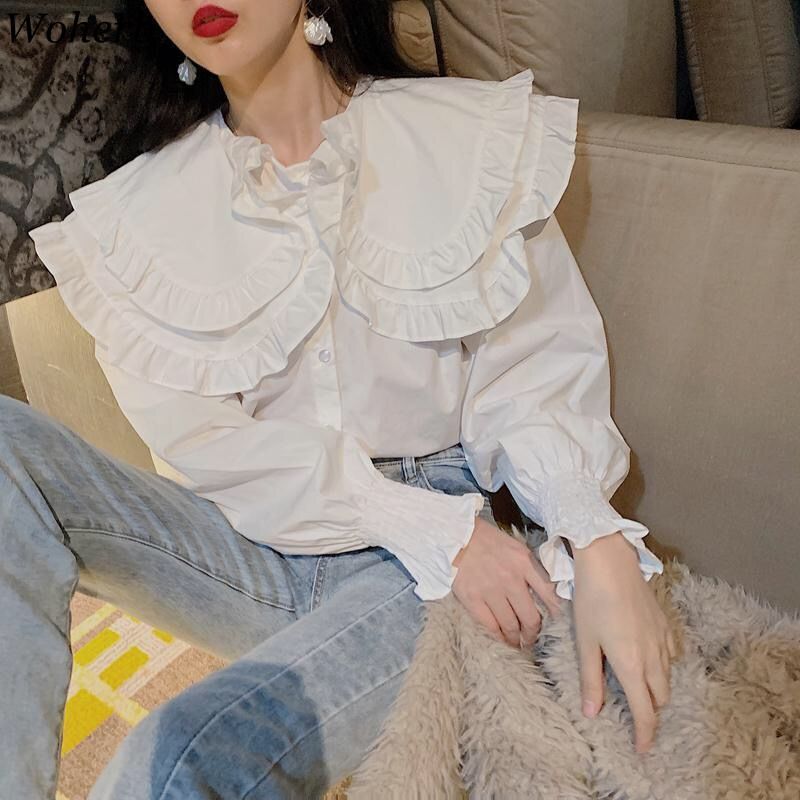 Shirts Women Korean Fashion Blusas Mujer Loose White Blouses Vintage Peter Pan Collar Ruffles Slim Temperament Tops 4i769 210519