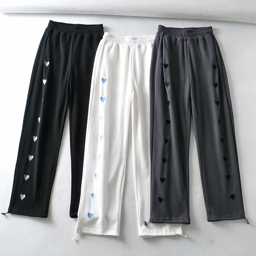 Spring Autumn Contrast color Heart Embroidery Wide Leg Pants Woman Adjust Rope Cuff Loose Trousers Sports Casual Bottom 210429