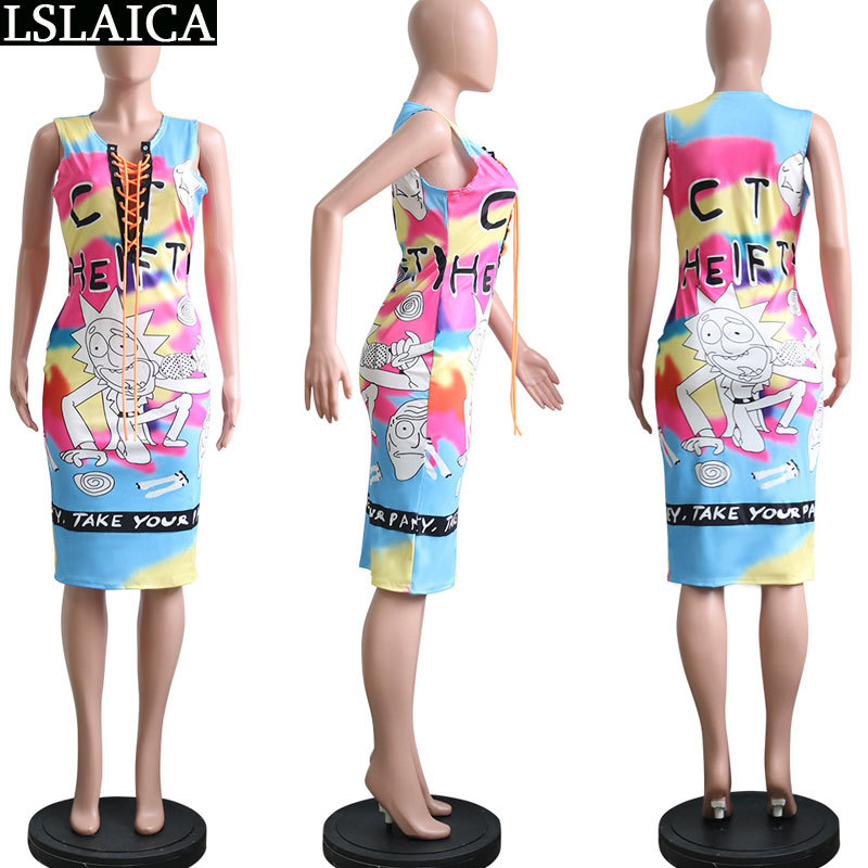 Elegant dress women cartoon print fashion casual bandage high waist sleeveless hollow out sexy bodycon office party 210515