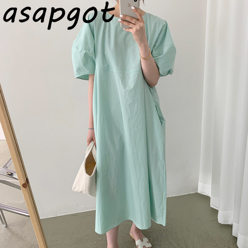 Minimalist Mint Green O Neck Puff Short Sleeve Loose Dress Women Casual Vestido De Mujer Summer Chic Korean Fashion 3 Color 210429