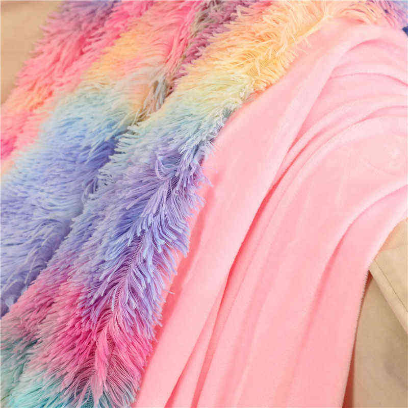 Double Layer Blanket Winter Cozy Warm Long Plush Rainbow Throw Blanket For Sofa Bed Colorful Furry Fluffy Tie Dye Bedspread 211227