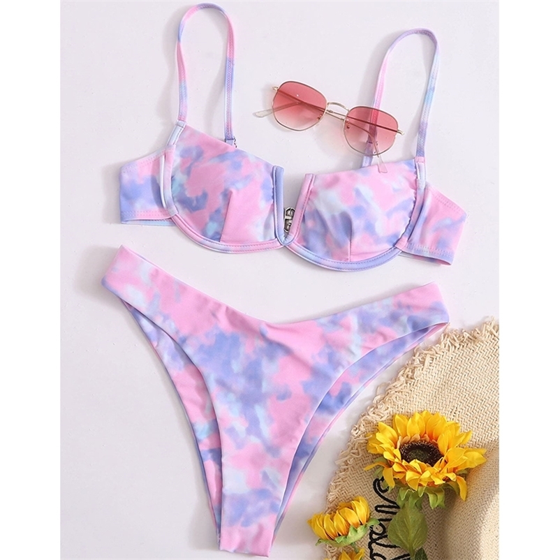 MYTENG Tie-dye 2 Piece Set Bikini V-neck Swimming Suit For Women Low Waist Push Up Swimsuit Underwire Swimwear Thong Biquini 210522
