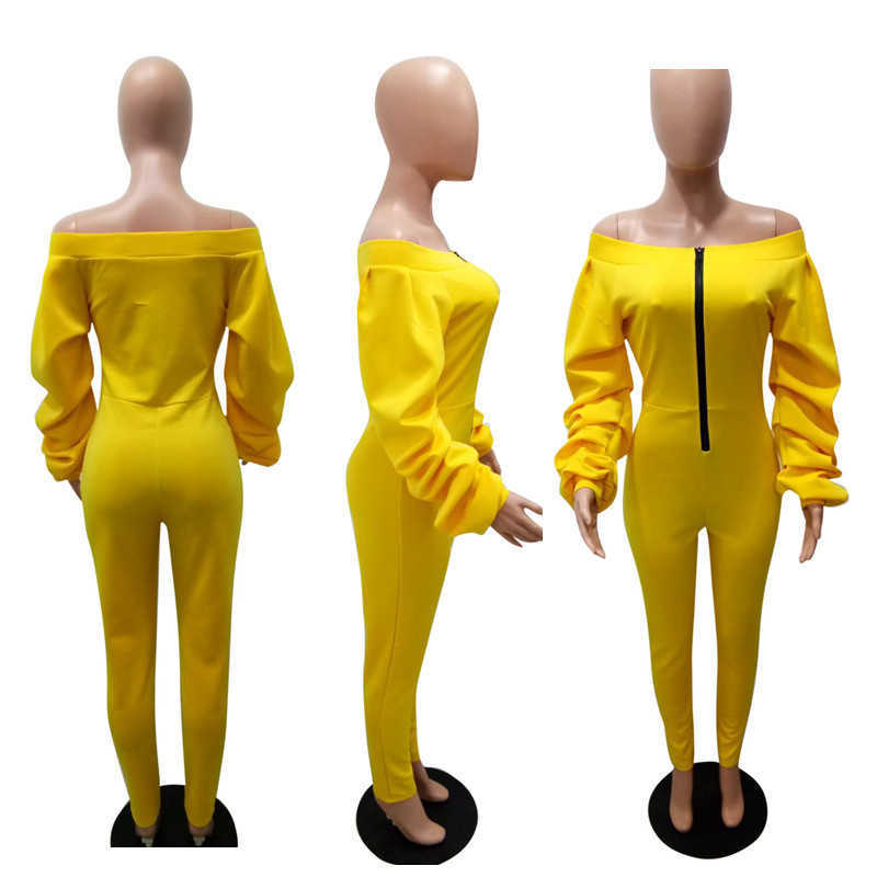 Ladies Casual Slash Neck Front Zipper Jumpsuit Stacked Long Sleeve Slim Bodysuit Women Kombinezon Damski Elegancki 210604