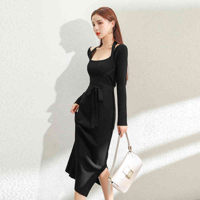 Women Bandage Black Sweater Dresses Long Sleeve O Neck Elegant Female Fashion Knitted Vestidos 210520
