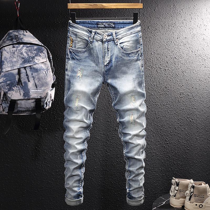 Men's Jeans Korean Style Fashion Men Retro Light Blue Elastic Slim Fit Ripped Embroidery Designer Street Casual Denim Pants
