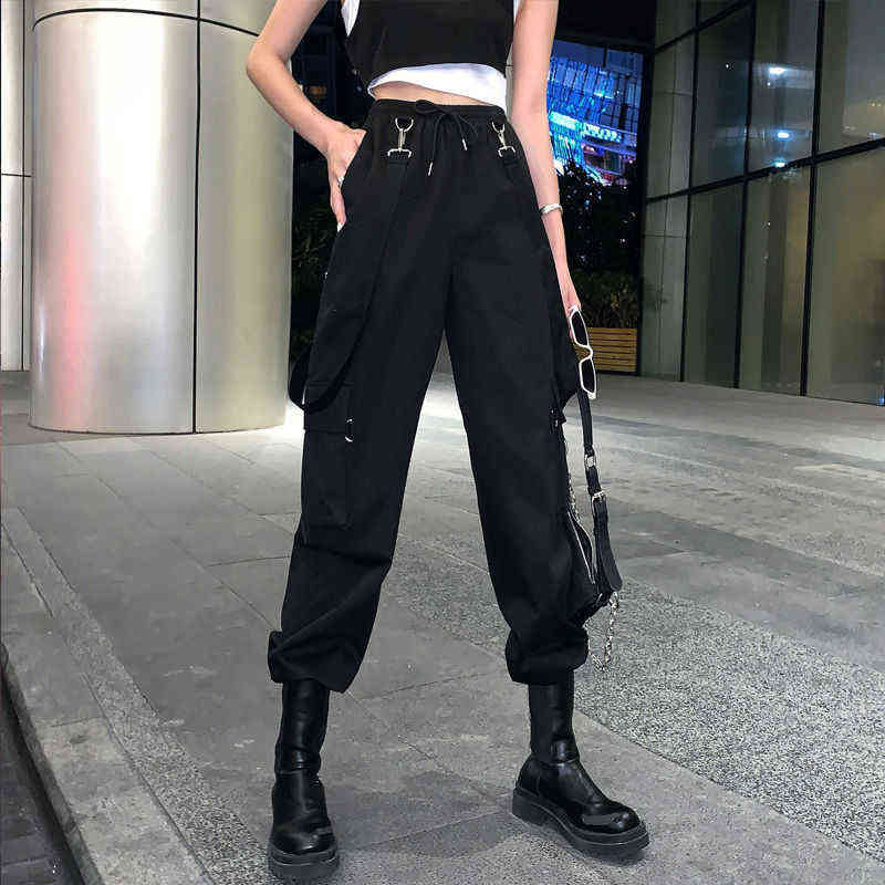 QWEEK Goth Cargo Pants Women Punk s Harajuku High Waist Oversize Detachable Strap Casual Trousers Emo Techwear 211115