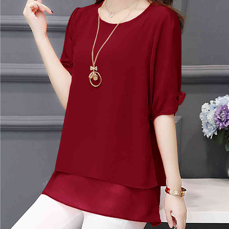 Korean Style Summer Short Sleeve Blouse Women Casual Plus Size L-5XL Chiffon Shirts for Red and Tops 3726 50 210508