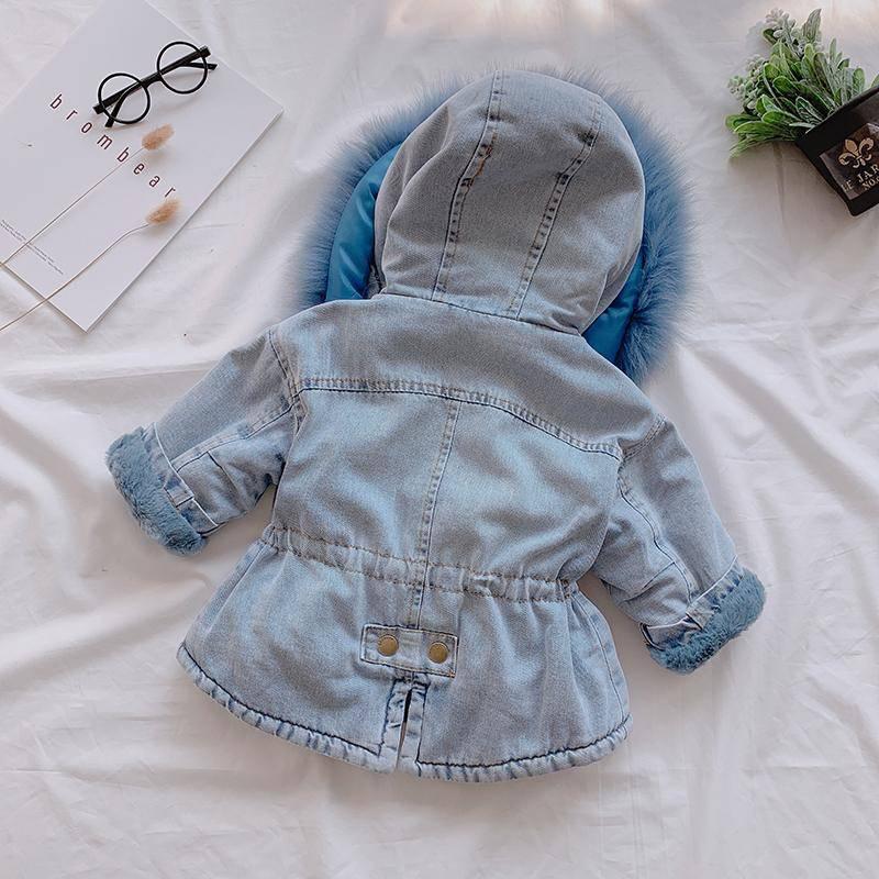 Autumn Winter Girls Thicken Coats Children Denim Hooded Coat Kids Fur Collar Cotton Jacket Baby Girl Outwear