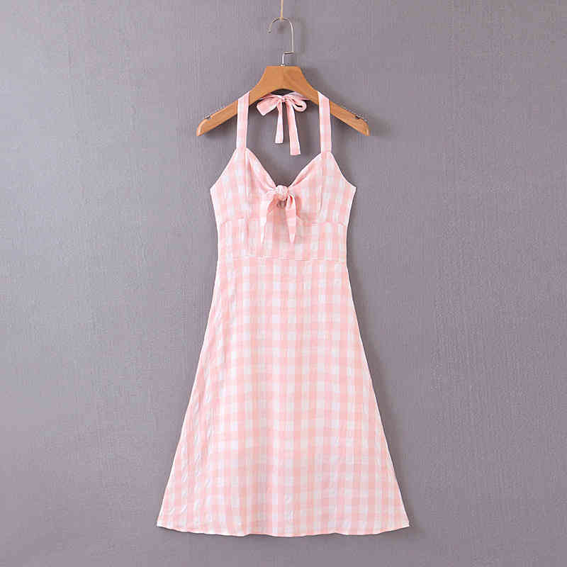 beauty Sweet Chic Pink Plaid Women's Strap Midi Dresses Holiday Style Bow Beachwear Lady's Off Shoulder Party Dress 210514