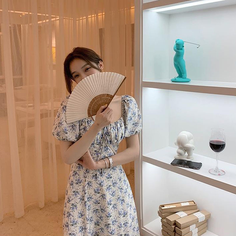 Square Collar Floral Printed Dress Women Elegant Vintage Dress Korea Style Beach Midi Dress Females Office Lady Summer Chic 210521