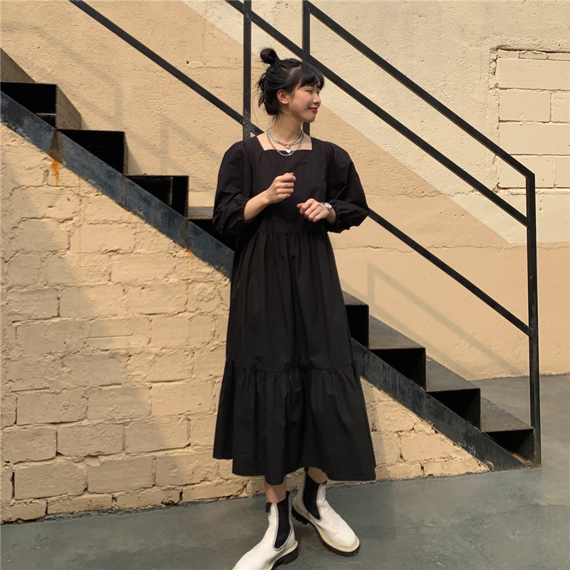 Comelsexy Women Dresses Loose Cotton Summer Dress Slim Solid Puff Sleeve Long Dresses Vestidos Casual Black Apricot Autumn 210515