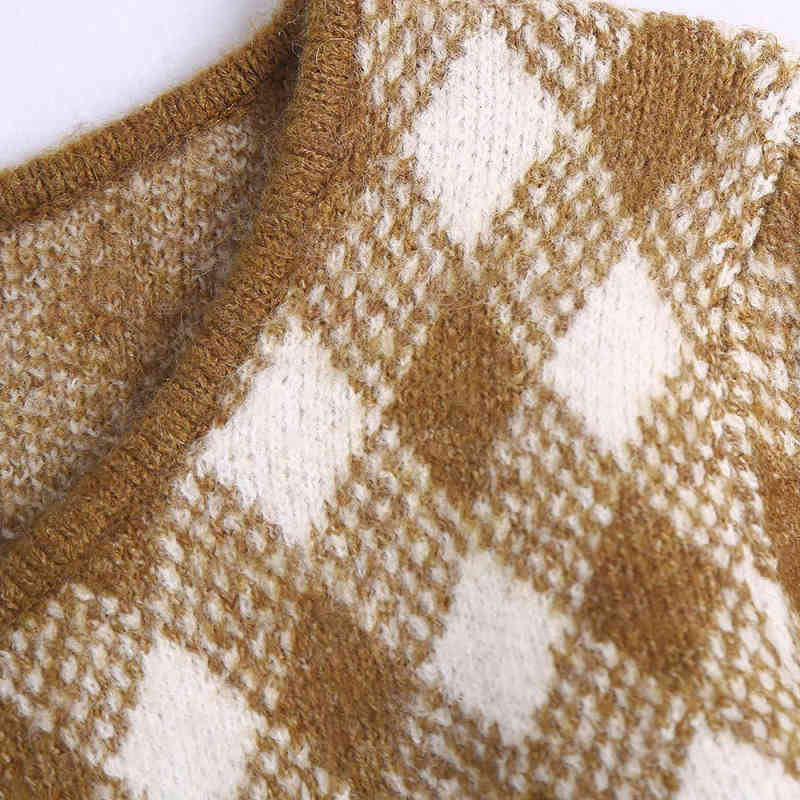 Vintage Woman Argyle Sweater Coat Fashion Ladies Autumn Oversized Knitted Jacket Female Chic Soft Outerwear 210515