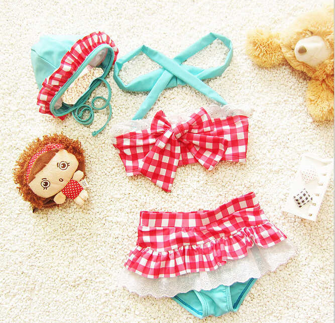 Cute High Quality Spandex Made Plaid Toddler Girls Biquini Swiming Suit baby girl swimwear Bikini with bows infantil 210529